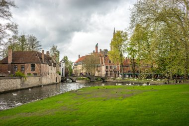 Bruges (Brugge) kanalı, bulutlu bir gökyüzü ile aydınlık bir yaz gününde Beguinage (Prinselijke Begijnhof van Wijngatte) köprüsü ve kapısında kuğu ile
