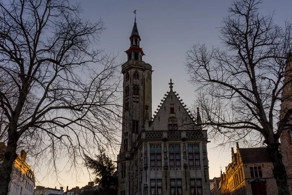 Belgio Bruges Edificio Con Tramonto Sullo Sfondo Spinolarei Spiegelrei — Foto Stock