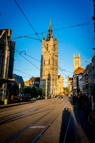 Goldent Sunlight Falling Belfry Tower Ghent Belgium Europe —  Fotos de Stock