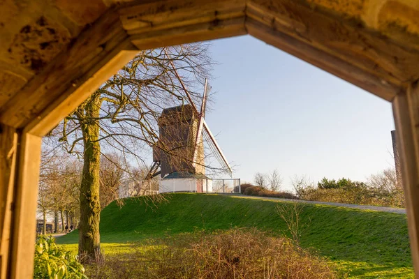 Belgium Bruges Frames View Bonne Chiere Windmill — Stock Photo, Image