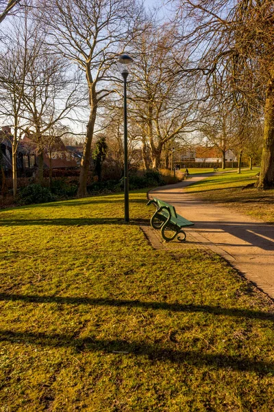 Belgie Bruggy Prázdná Lavička Bujné Zelené Louce — Stock fotografie