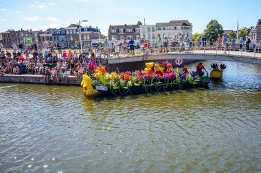Hollanda, Delft-5 Ağustos 2018: Westland Boat Parade (Varend Corso), şenlikli gösteri, çiçek ve sebzelerle süslenmiş tekneler, Westland bölgesinde renkli yelkenli çiçek geçit töreni