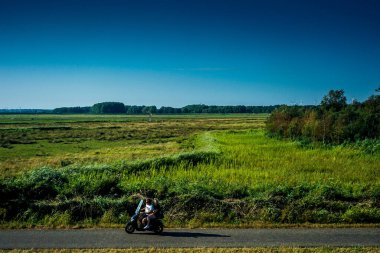 Hollanda, Güney Hollanda - 22 Temmuz 2018: Toprak yolda bisiklet süren bir kişi