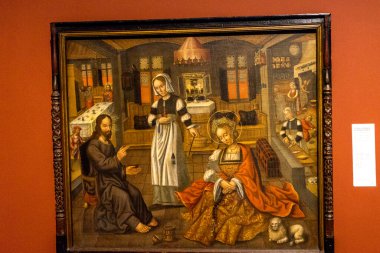 Bruges, Belçika - 17 Nisan: Johannes Claeissens, Meryem ve Martha Hanedanı 'nda İsa' nın resmedilmesi Sint-Janshospitaal Bruges, Belçika, Avrupa 'daki kız ve erkek kardeşlerin eşsiz bir grup portresi