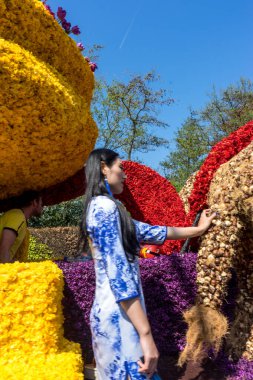 Hollanda, Sassenheim-21 Nisan 2018: Bulbflower Geçit Töreni 2018, Bloemencorso BollenStreek, şenlikli gösteri, çiçeklerle süslenmiş araçlar, baharın yüzü, Ulusal Hollanda çiçek geçit töreni