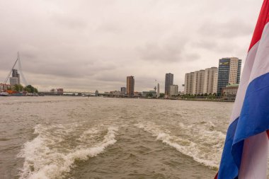Rotterdam, Hollanda - 16 Temmuz 2016: Erasmus Köprüsü. 284 metre uzunluğundaki köprü Ben van Berkel (UNStudio) tarafından tasarlandı ve Kop van Zuid 'i şehir merkezine bağlıyor. Takma adı Kuğu..