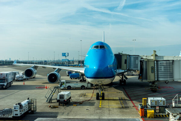 Schiphol, Amsterdam, Netherlands - 4 November 2018 : KLM A380 planes waiting at the airport dock with ING bank sponsor advertisements