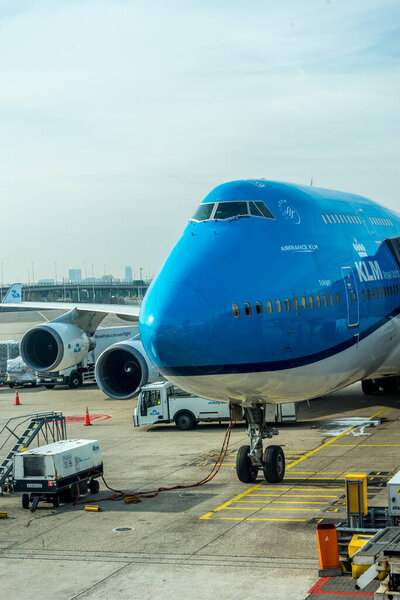 Schiphol, Amsterdam, Netherlands - 4 November 2018 : KLM A380 planes waiting at the airport dock with ING bank sponsor advertisements