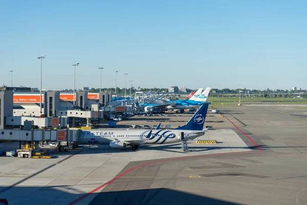 阿姆斯特丹 Schiphol May 2018 Skyteam Plane Airport 斯基浦机场是欧洲最繁忙的机场之一 — 图库照片