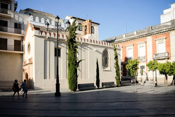 Seville Spain June 2017 Two People Walk Next Tram Line — Stock Photo, Image