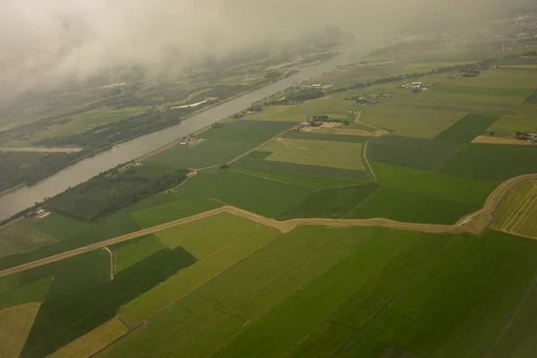 Granjas Holanda Países Bajos Con Canal Visto Desde Avión Cielo — Foto de Stock