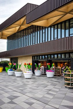 Çiçek bahçesi, Hollanda, Avrupa, Bir tren bir binanın yanına park edilmiştir.