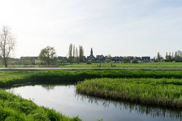 Hollandia Vizes Élőhelyek Maarken Európa Egy Nagy Víztest Zöld Fűvel — Stock Fotó