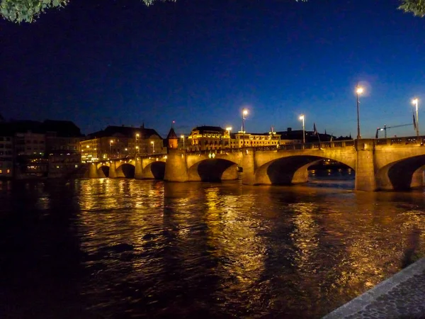 Switzerland Basel Illuminated Middle Bridge River Sky City Night Europe — Stock Photo, Image