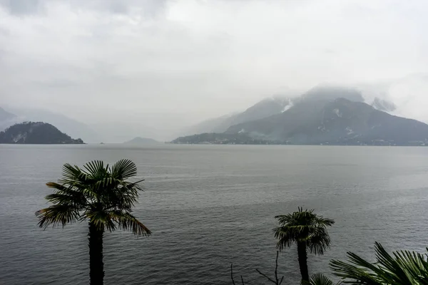 ヨーロッパ イタリア バレンナ コモ湖 背景に山がある水のボディの隣の木 — ストック写真