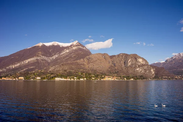 意大利 贝拉焦 科莫湖 Scenic湖上有天鹅的蓝色天空下的Snowcapped Mountains概况 — 图库照片