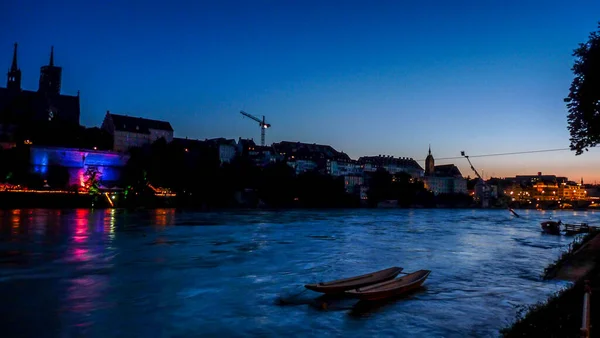 Swiss Basel Silhouette Buildeses Rhine River Agast Clear Sky Europe — 스톡 사진
