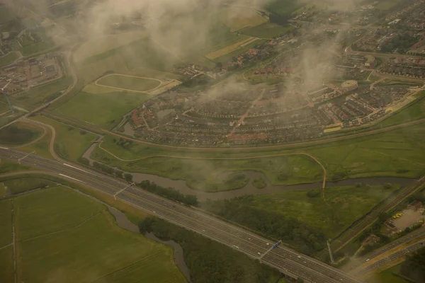 Granjas Autopista Holanda Países Bajos Con Canal Visto Desde Avión — Foto de Stock