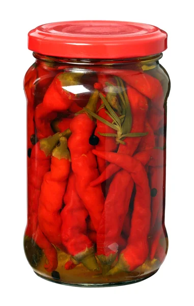 Glass jar with pickled peppers — Stock Photo, Image