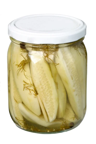 Glass jar with pickled cucumbers — Stock Photo, Image