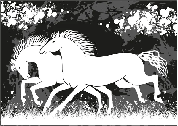 Vetor correndo cavalos pretos e brancos — Vetor de Stock