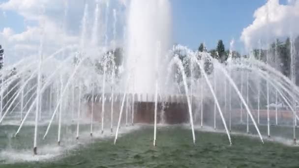 夏の公園の美しい噴水晴れた日に水を撒き散らし — ストック動画