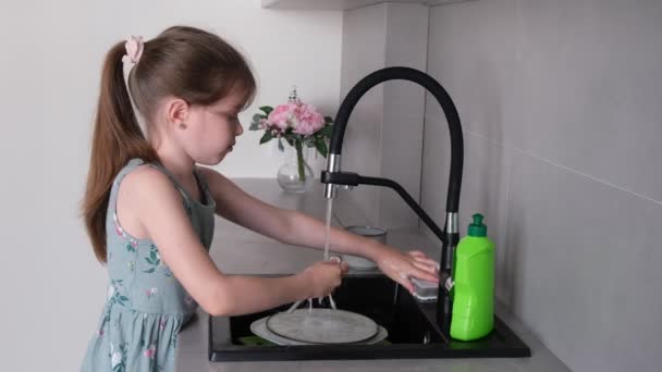 Gadis kecil membantu ibu mencuci piring — Stok Video