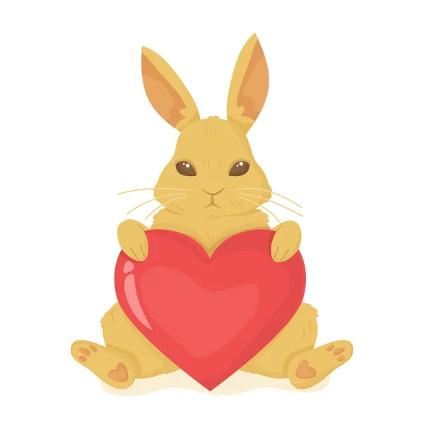 Söt kanin med rött hjärta. En fluffig kanin. Alla hjärtans dag, påsk våren karaktär, kärlek bekännelse koncept. Kan användas som kort, tryck eller affisch. illustration isolerad på vit i platt tecknad stil — Stock vektor
