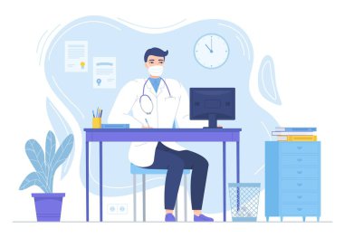 Steteskoplu doktor monitörle masada oturuyor. İlaç, salgın hastalık, tecrit terapisi, sağlık sigortası, hastane çalışma alanı konsepti. Beyaz üzerine izole edilmiş düz biçimli stok vektör illüstrasyonu.