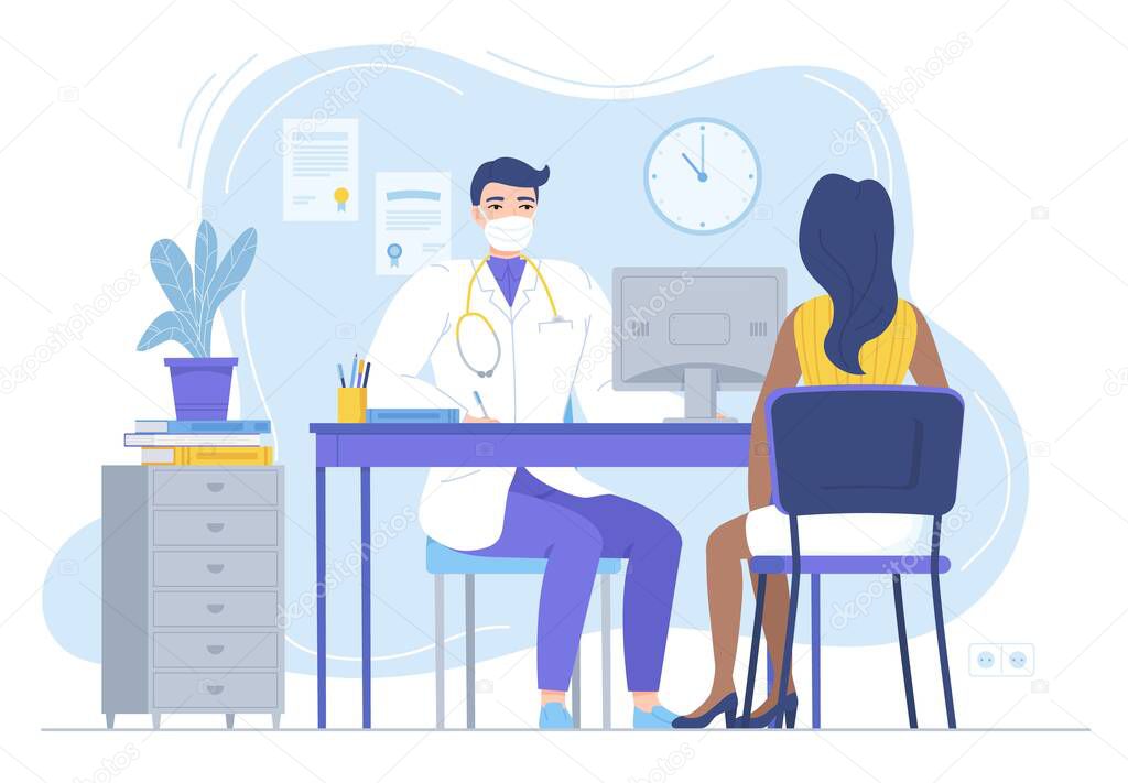 Doctor in mask consulting female patient. Physycian sitting at the desk with monitor. Family therapist, health care, clinic workspace concept. Stock vector illustration in flat style isolated on white