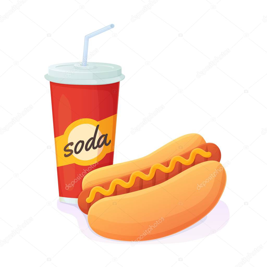 Tasty bright Hot Dog with soda combo. World no diet day, unhealthy fast food concept. Can be used for web, menu,banner. Stock vector illustration isolated on white bakground in realistic cartoon style