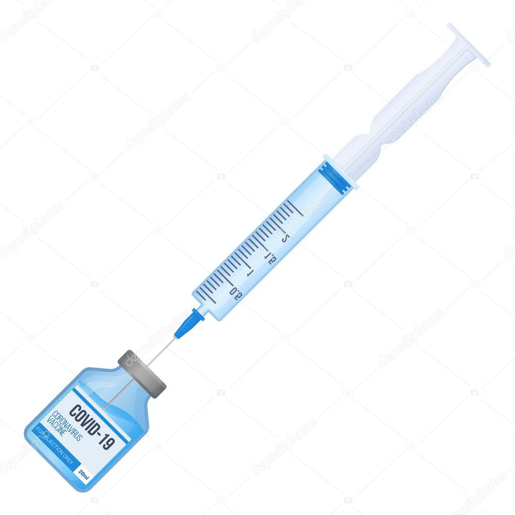 Taking medcine with syringe from the vial. covid-19 vaccination, coronavirus immunization, health care concept. Stock vector illustration in realistic cartoon style isolated on white background