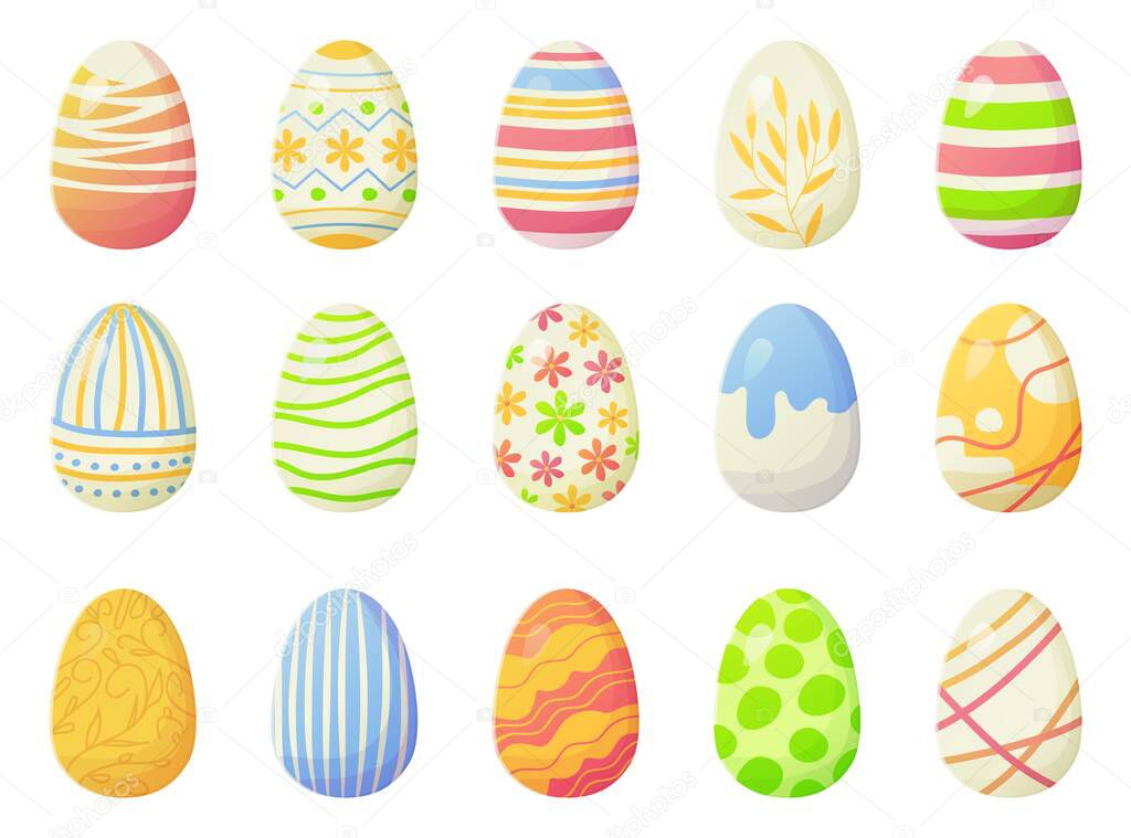 Modern bright gradient Easter eggs set with lines, dots and other ornates. Easter holiday, egg hunt concept. Stock vector illustration isolated on white background in flat cartoon style