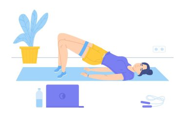 Kız dizüstü bilgisayarda spor koçu izlerken mindere uzanmış pelvik kaldırma hareketi yapıyor. Çevrimiçi egzersiz, spor evi, vücut pozitifliği, sabah sporu konsepti. Düz biçimli stok vektör illüstrasyonu