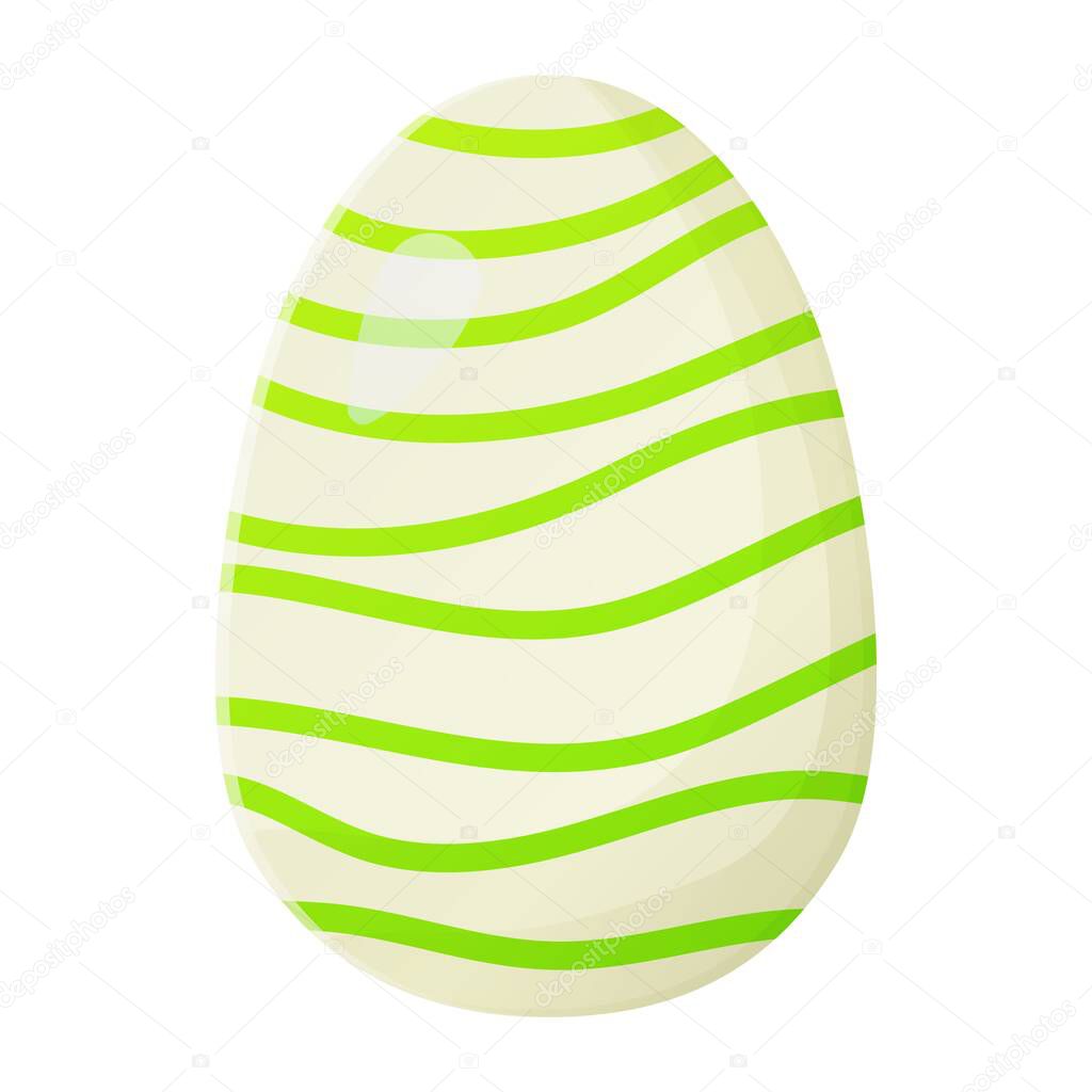 Cute realistic Easter egg painted with green wavy stripes. Can be used as easter hunt element for web banners, posters and web pages. Stock vector illustration in cartoon style