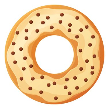 Pembe jöleli, parlak bir çörek. Diyet günü sembolü yok, sağlıksız yiyecekler, tatlı fast food, şeker atıştırması, ekstra kalori konsepti. Çizgi film tarzında stok vektör illüstrasyonu beyaz arkaplanda izole edildi