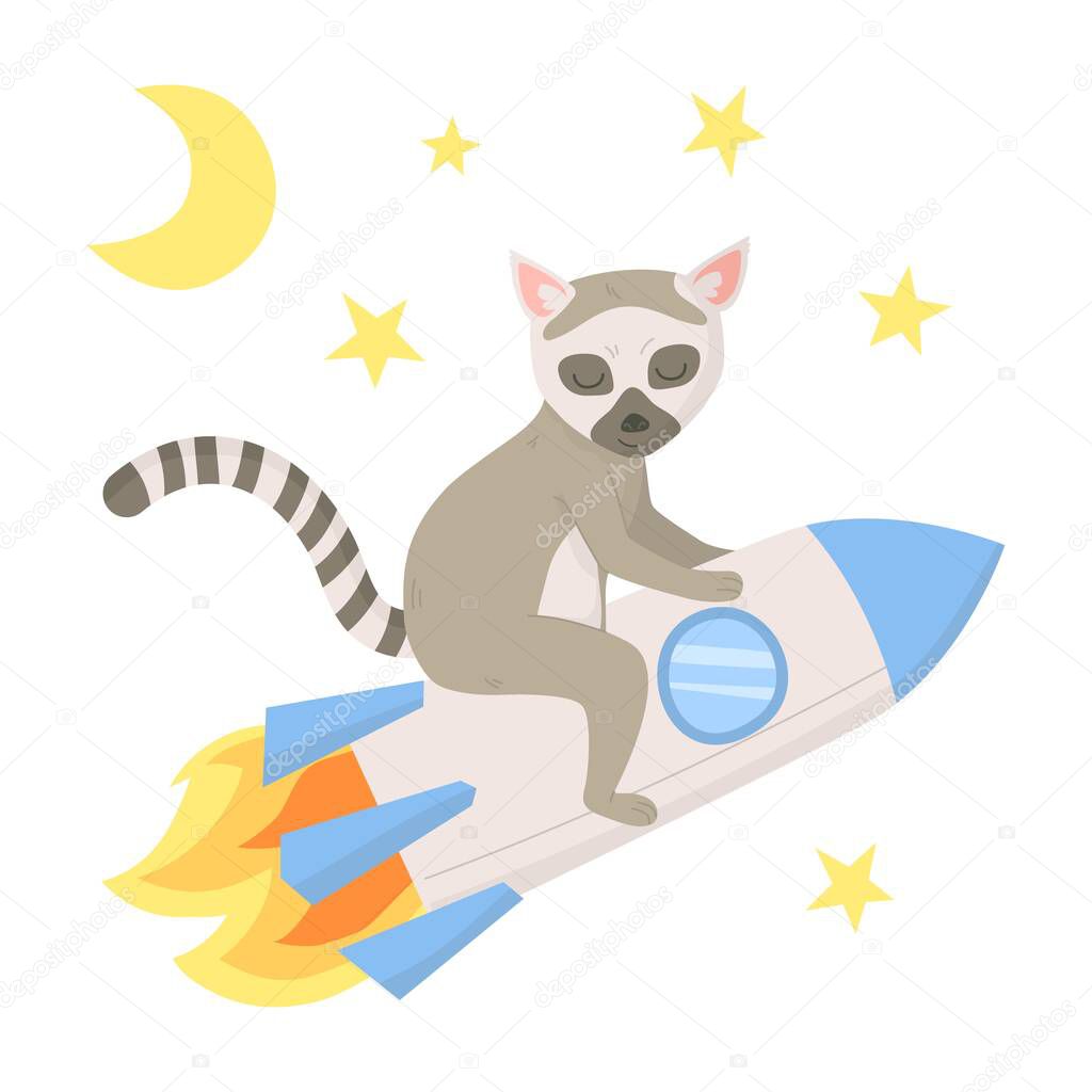 Cute lemur flying on a rocket among stars. Cn be used as nurcery poster, stikers on the wall. Stock vector illustration isolated on white background in flat cartoon style