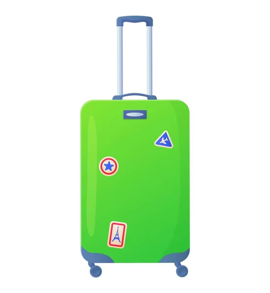 Groene plastic koffer met wielen. Reizen, toerisme, reizen, passagiers bagage concept. Stock vector illustratie in realistische cartoon stijl geïsoleerd op witte achtergrond — Stockvector