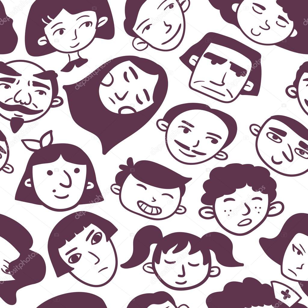 Monochome seamless head pattern. Man, woman, boy, girl, old, caucasian, arabic, asian faces with different emotions. People diversity, crowd, audience concept