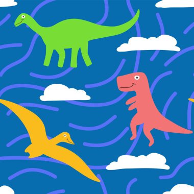 Çocuklar soyut mavi arka planda bulutlu dino kalıpları. t rex, brontosaurus ve Pterodactylus karakterleri.