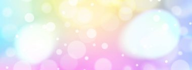 Büyük bokeh daireleri ve tatlı parlak elementleri olan şirin bir çizgi film arka planı. Büyülü yaratıklarla renkli bir eğilim ve kopyalama alanı. Kawaii tarzında stok vektör illüstrasyonu.