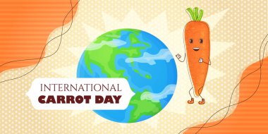 Havuç günü posteri ve karikatür eski moda havuç karakteri. Nisan tatili. Stok vektör çizimleri.