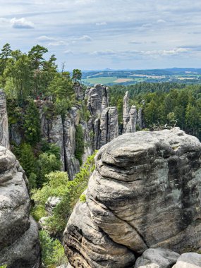 Çek Cumhuriyeti 'nin Bohemya Cenneti' nde (Cesky Raj) ünlü bir kum taşı oluşumu olan Prachov Kayaları 'nın manzaralı yaz fotoğrafı. Manzarada uzun kumtaşı kuleler, orman vadileri ve yürüyüşçüler arasında popüler dar yollar ve fotoğraflar yer almaktadır.