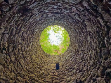 Çek Cumhuriyeti 'nin Brdy Dağları ormanlarında saklanmış ortaçağ Valdek Kalesi kalıntıları. Manzara, taş duvarlar ve huzurlu Orta Bohem manzarası..