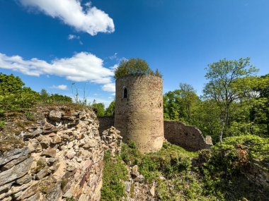 Çek Cumhuriyeti 'nin Brdy Dağları ormanlarında saklanmış ortaçağ Valdek Kalesi kalıntıları. Manzara, taş duvarlar ve huzurlu Orta Bohem manzarası..