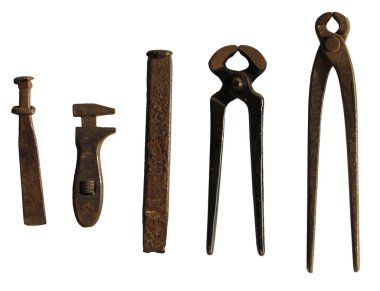five rusty old farm tools clipart