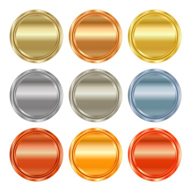 Vector set of blank templates of different types of gold, platinum, silver, bronze, copper, which can be used as labels, buttons, coins, medals
