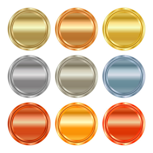 Vector set of blank templates of different types of gold, platinum, silver, bronze, copper, which can be used as labels, buttons, coins, medals