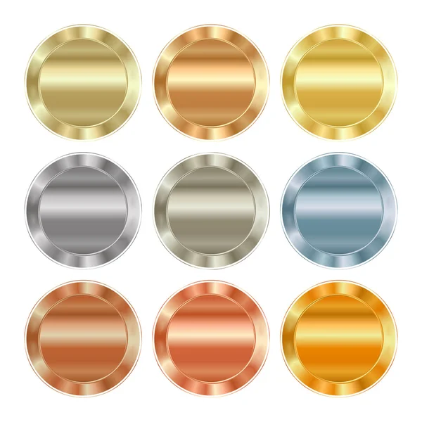 Vector set of blank templates of different types of gold, platinum, silver, bronze, copper, which can be used as labels, buttons, coins, medals — Stock vektor