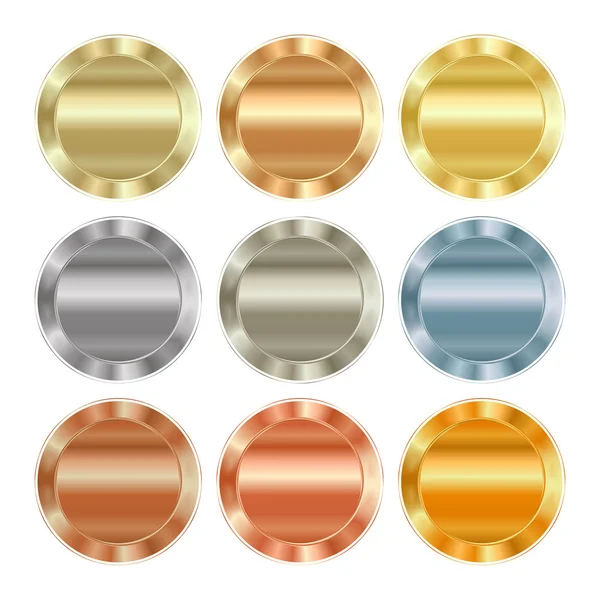 Vector set of blank templates of different types of gold, platinum, silver, bronze, copper, which can be used as labels, buttons, coins, medals